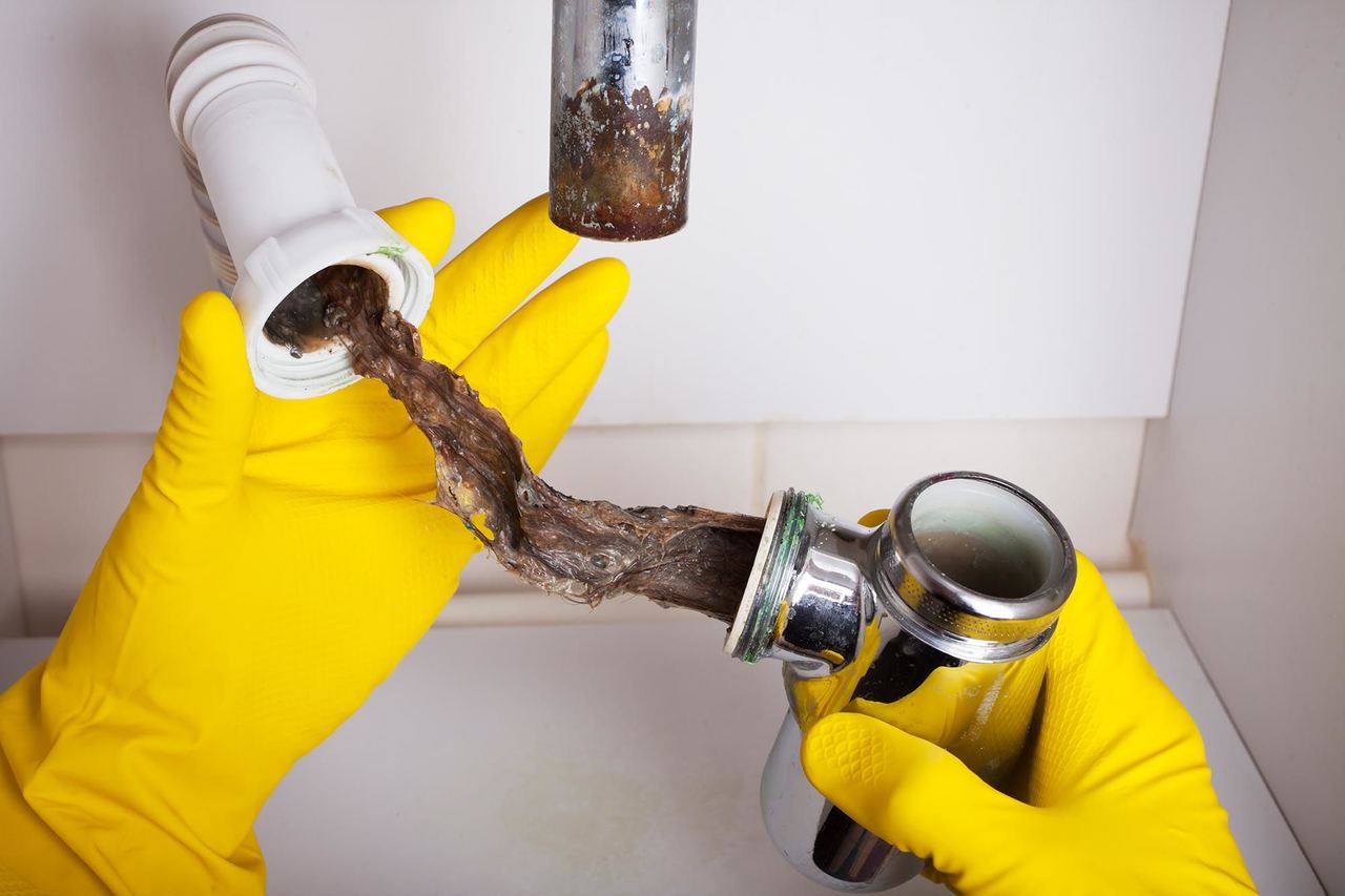 Gloved hands holding a sink trap packed solid with grease and hair